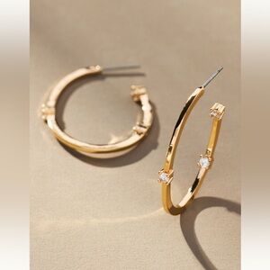 Anthropologie Oval Hoop Earrings Gold Plated NEW Clear Stone